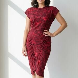 VTG All That Jazz Dress 80s Red Ruched Wiggle Cocktail Bodycon XS Abstract